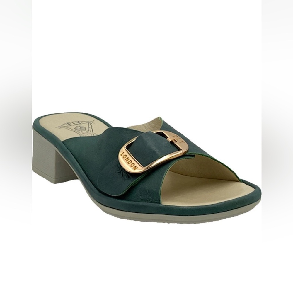 FLY London Leather‎ Mules with Buckle Detail Elax Jade Green